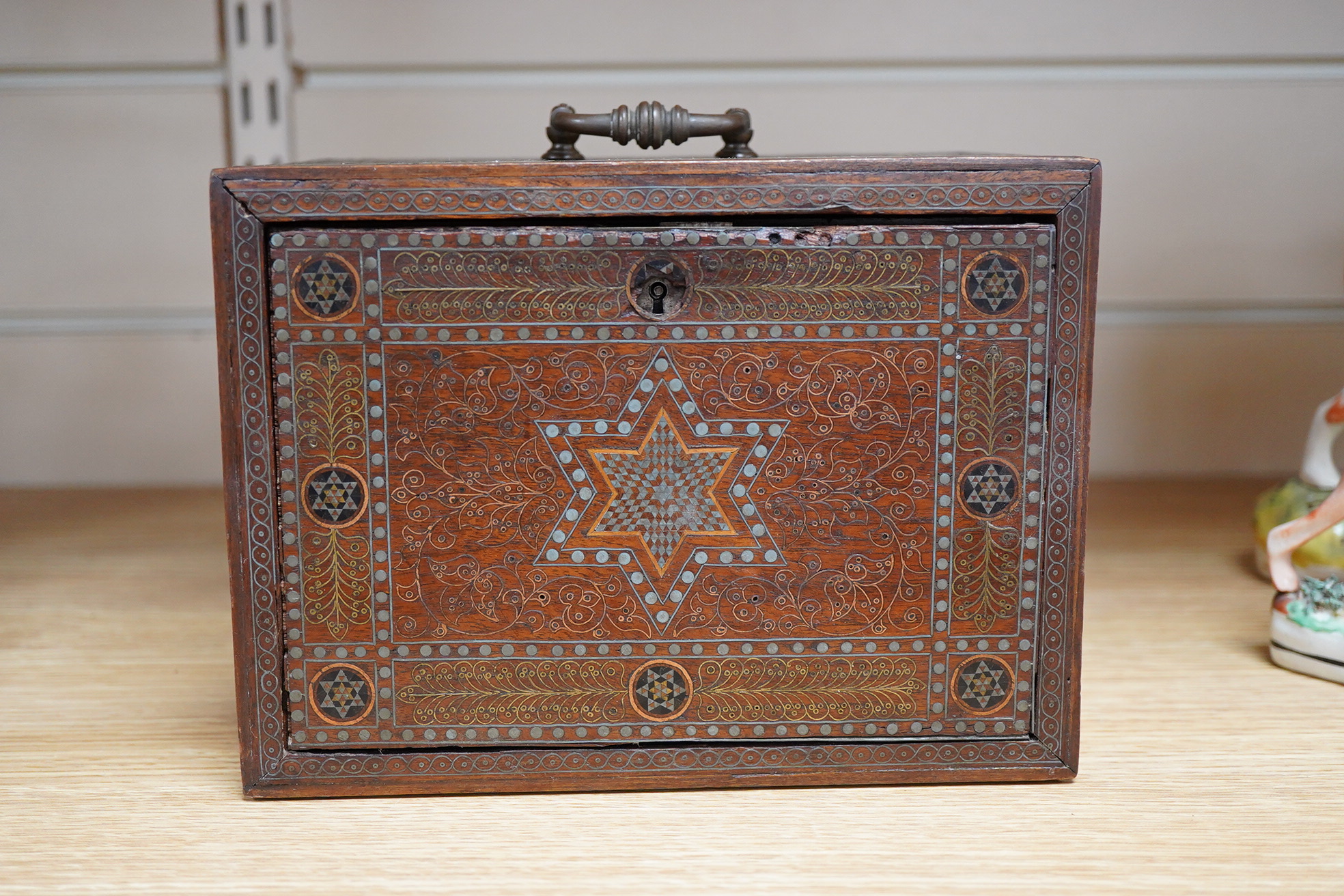 A 19th/20th century Indian decorative metal inlaid table cabinet, with drawers, 19cm x 14.5cm high